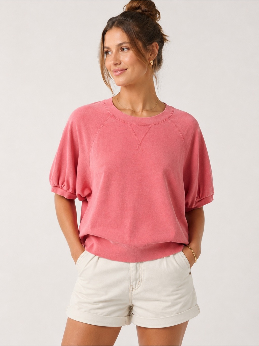 J. Crew Pink Short Sleeve Sweatshirt | Raglan Puff Sleeve Pullover Medium